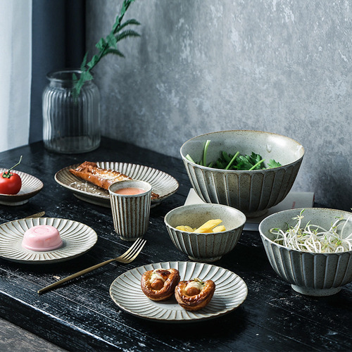 Yilongxuan Japanese style antique rough pottery tableware rice bowl noodle bowl dinner plate deep dish plate retro tableware dish set