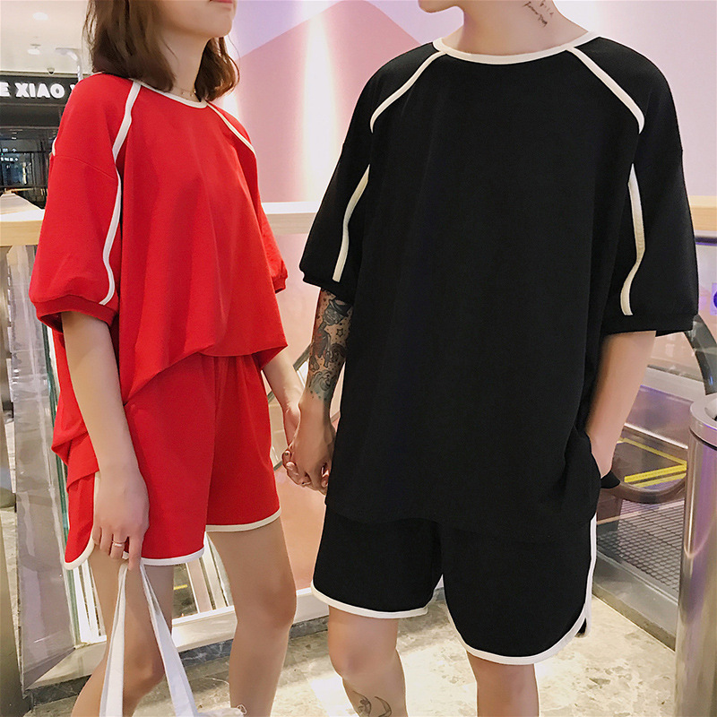 情侣款套装夏季港风宽松运动短袖短裤套装男女百搭运动服两件套潮|ru