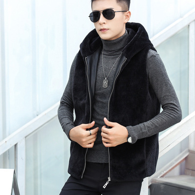 仿水貂皮草马甲大码男士青年冬季獭兔毛加棉背心毛绒连帽加厚外套|ms