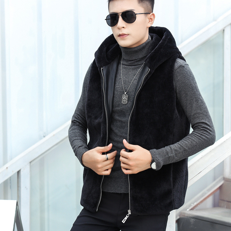 仿水貂皮草马甲大码男士青年冬季獭兔毛加棉背心毛绒连帽加厚外套|ms