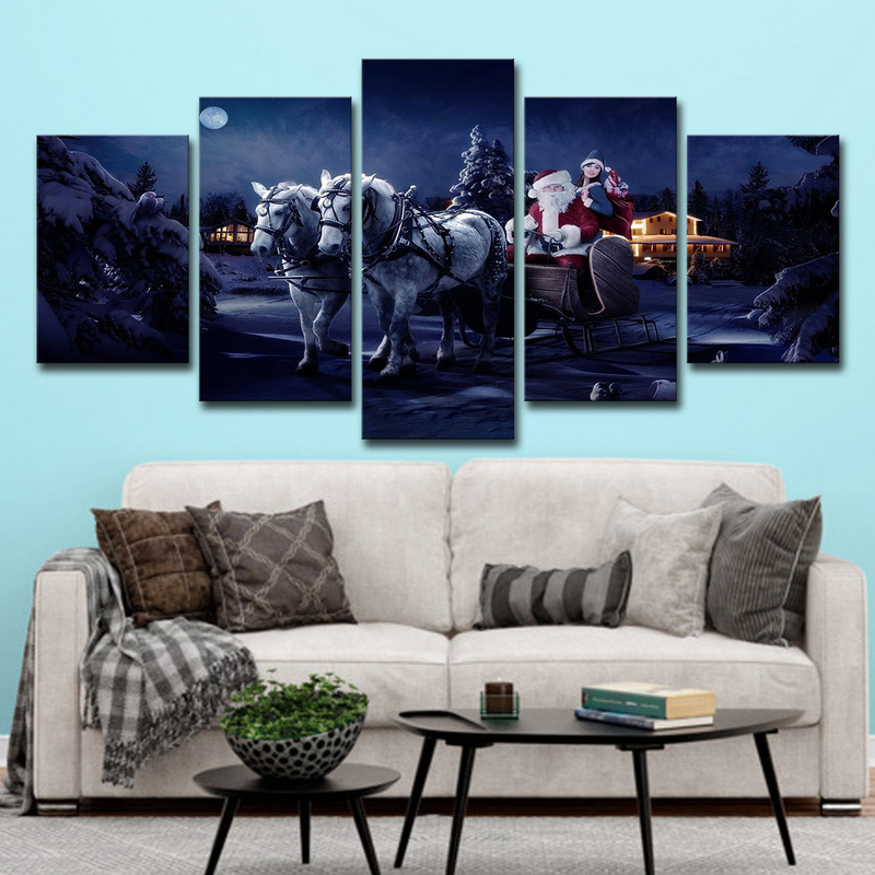 Cross Border AliExpress Amazon 5 Frames Landscape Oil Painting Art Modern Santa Claus Christmas Decoration Carriage