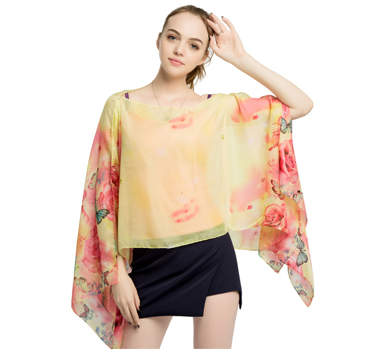 蝴蝶印花雪纺披肩 珍珠扣沙滩巾批发 跨境热销丝巾