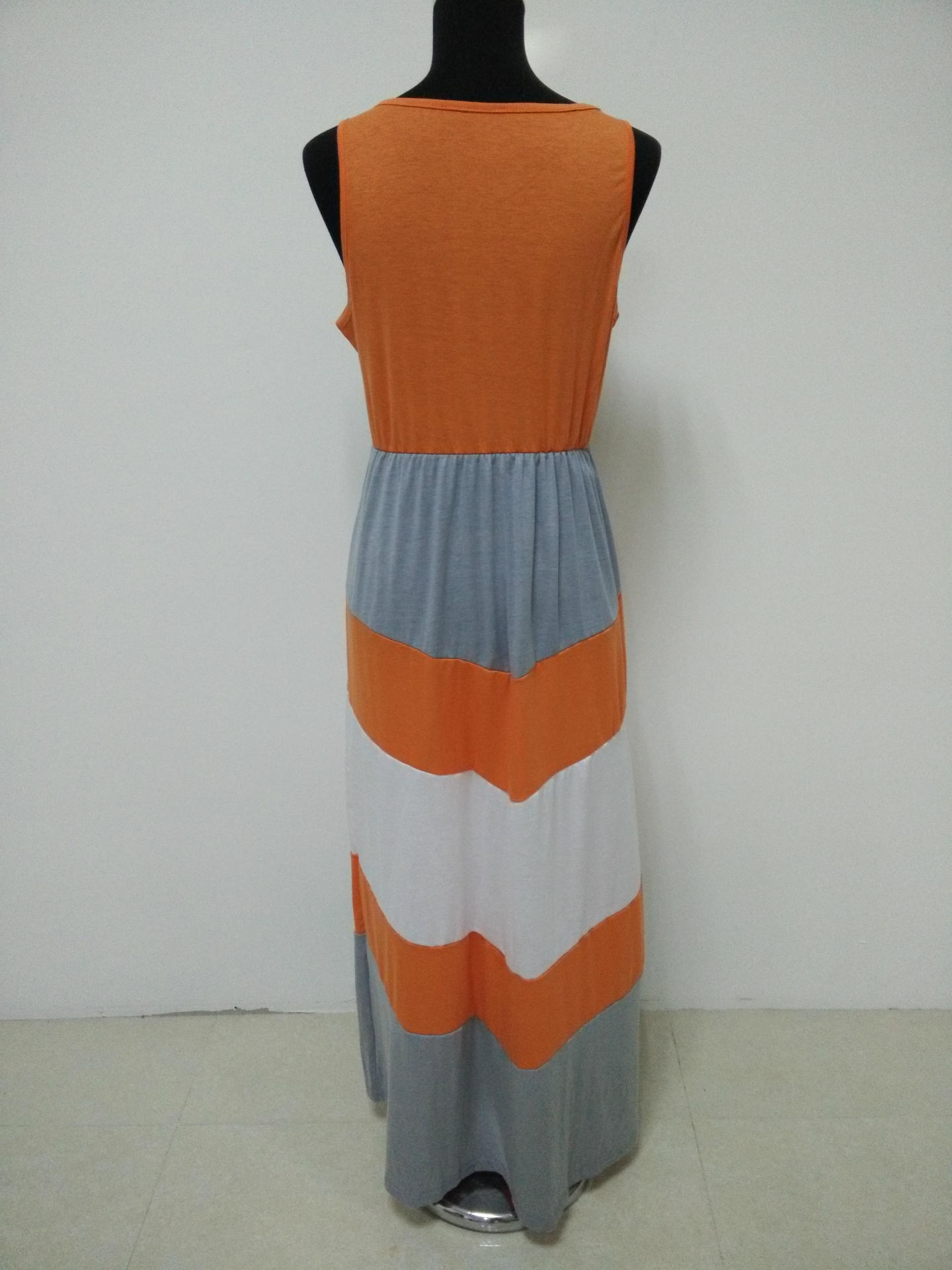 Color Block Orange and Gray Striped Beach Dress Casual Summer Style Lightweight Fabric for Women Wholesale Available