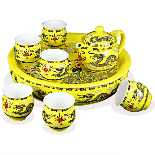 Double-layer insulated ceramic complete set, Kung Fu tea set, teapot, teacup, ice cracked Ru kiln tea tray, black tea, blue and white porcelain