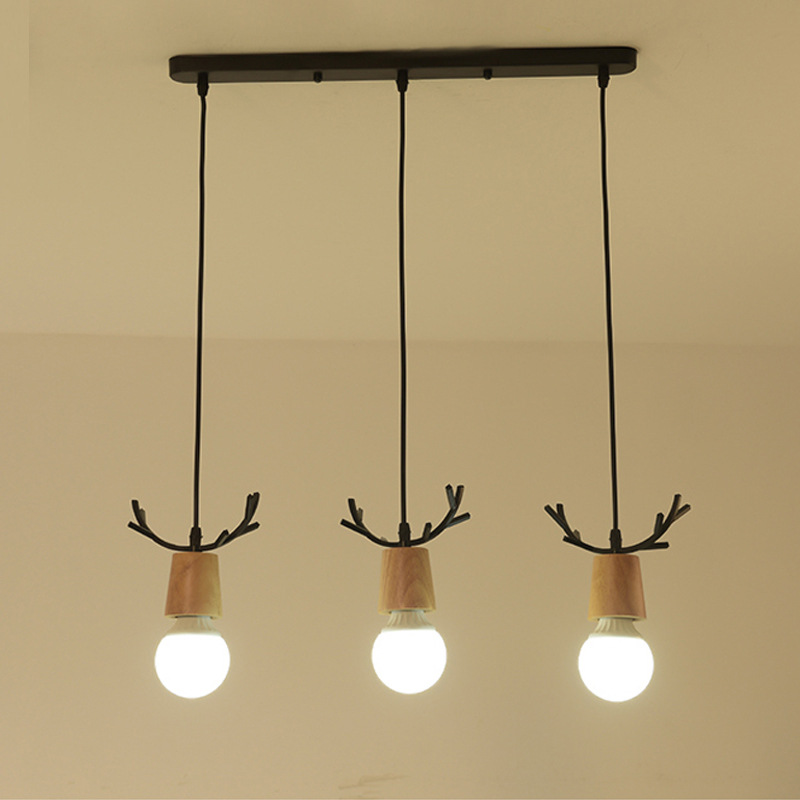 现代简约创意木艺鹿角吊灯餐厅吧台书房装饰灯具时尚个性单头灯饰