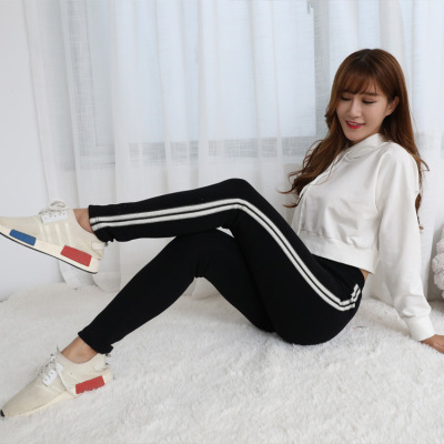 2018秋冬加絨加厚條紋顯瘦神器緊身百搭打底小腳褲九分保暖褲女士