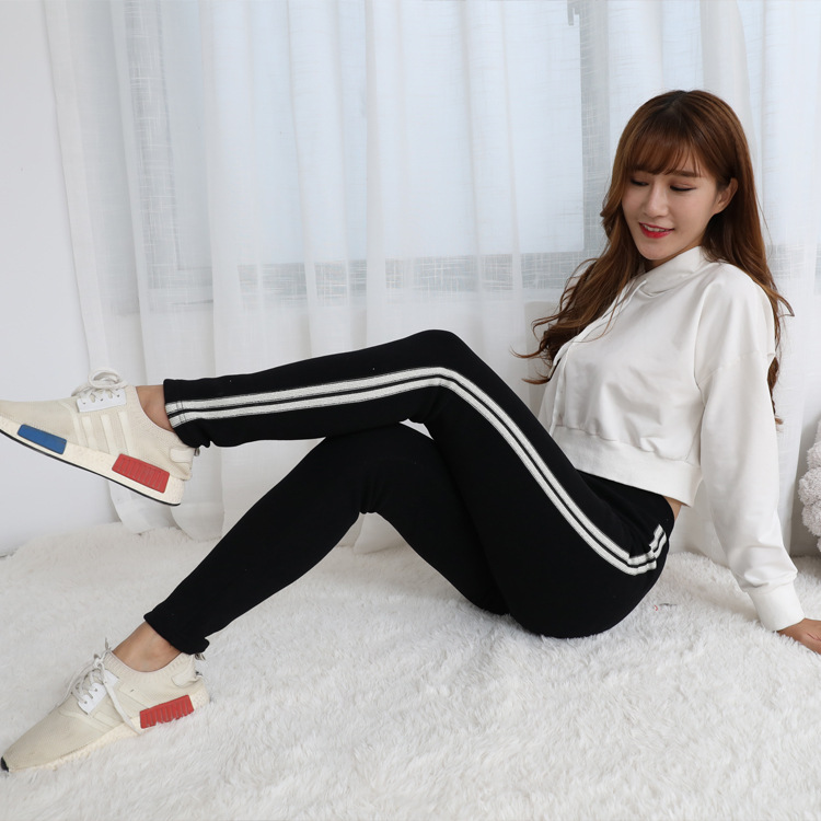 2018秋冬加絨加厚條紋顯瘦神器緊身百搭打底小腳褲九分保暖褲女士