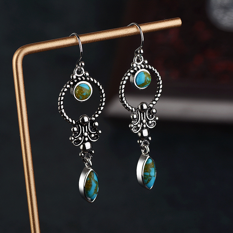 Zhenrong Amazon ebay cross-border supply retro Thai silver earrings European and American women inlaid turquoise earrings
