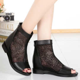 20春夏新款全真皮女单皮鞋低跟粗跟鱼嘴网靴ZY03内增高潮凉鞋