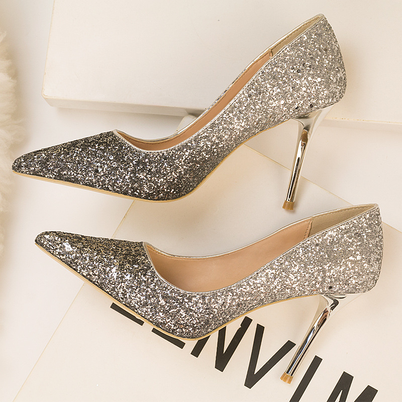 Shallow Mouth Pointed Toe Faux Leather Sequins Sexy Slim High Heels for Nightclub Shoes European and American Style Women's Shoes High Heel Wedding Shoes