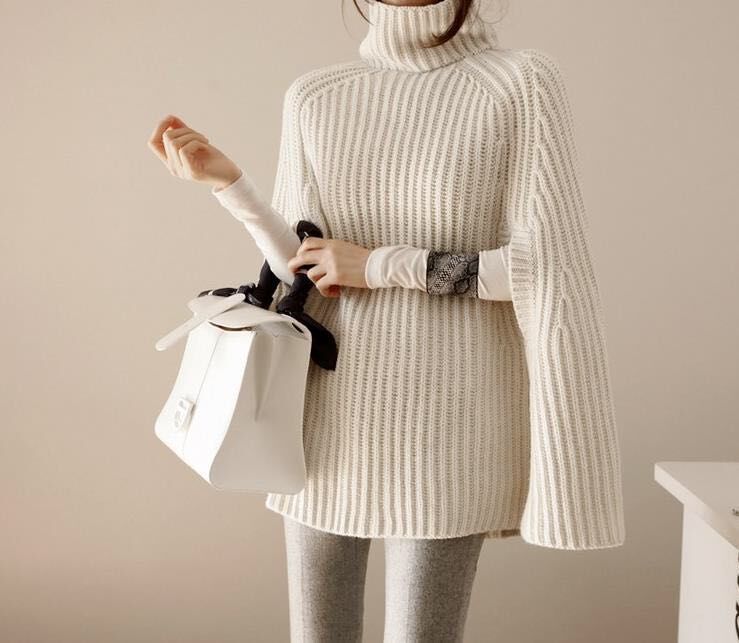Otoño e Invierno nuevo split Jersey cuello alto todo partido poncho suéter manga del Batwing más tamaño prendas de punto capa de las mujeres