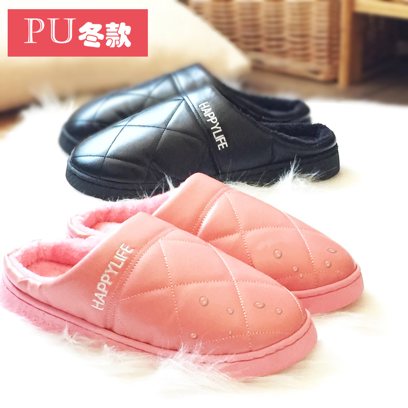 winter lovers Warm slippers men and women PU Lint slipper waterproof non-slip Plush Home floor Wool slippers