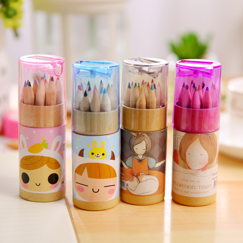 Children's Mini Color Pencil Wholesale Cartoon Barrel Primary School Art Painting Pencil 12 Color Pencil Stationery