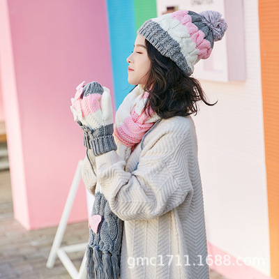 帽子围巾手套三件套女秋冬韩版潮可爱毛线帽子加绒保暖厂家直销|ru