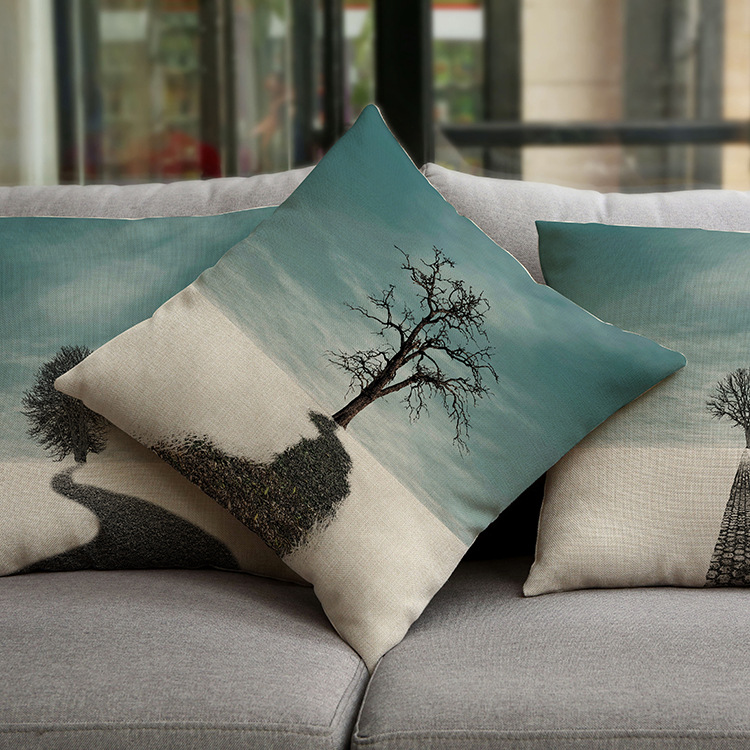 ins北欧风景远方靠垫简约清新风格棉麻沙发抱枕来图定制