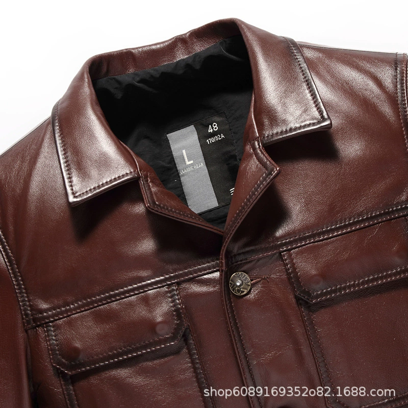 Leather jacket, cowhide, genuine leather, square neckline