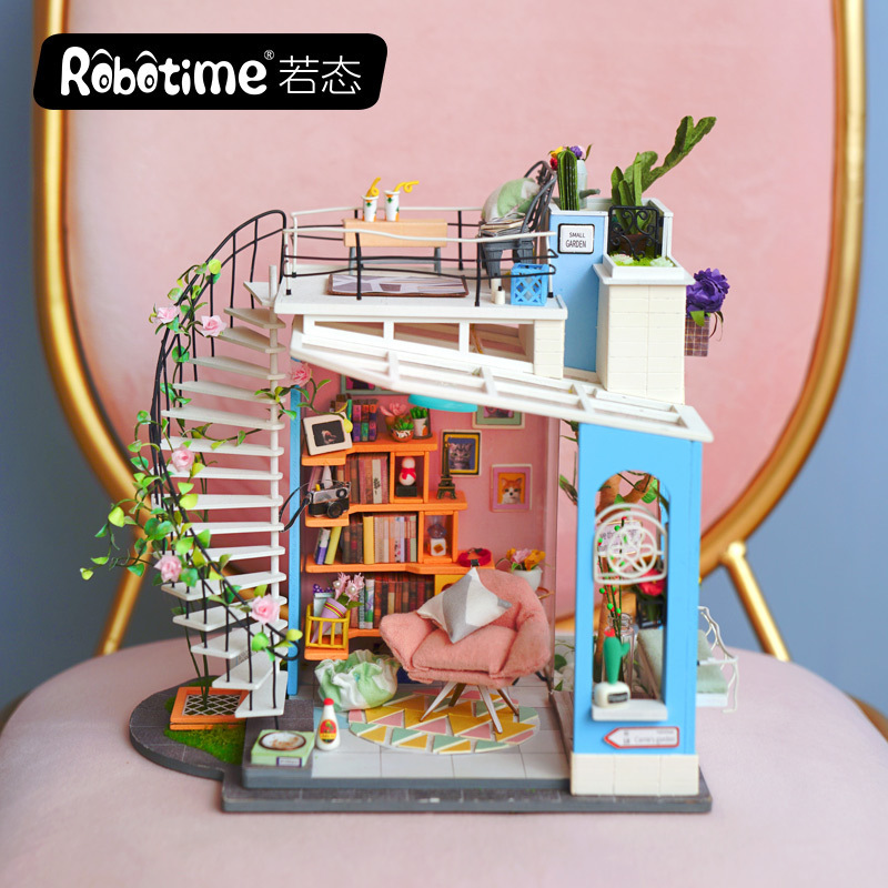Ruoshi DIY cottage macaron roof handmade wooden DIY assembled Villa Model Cottage creative gift toy