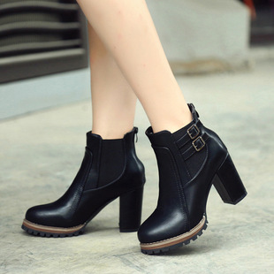 2018 autumn and winter New European and American British retro chunky heel belt buckle short boots high heel elastic women's short boots plus size foreign trade