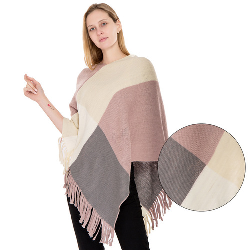 Manufacturer wholesale large square color-blocked knitted warm shawl European and American autumn and winter new imitation cashmere tassel pullover cloak
