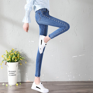 JEANS New Spring character pearl decoration student high waist