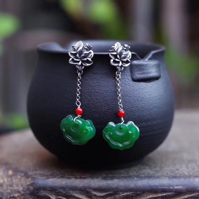 Retro style Simplicity Versatile Jasper Rich Lock Earrings Sterling Silver Lotus Earrings Wishful lock