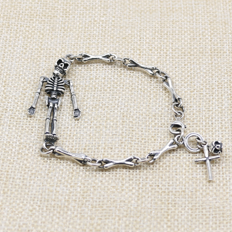 Non-mainstream Personality Human Skull Bracelet Men's Gothic Punk Jewelry Sterling Silver 925 Gothic Bone Bracelet Women