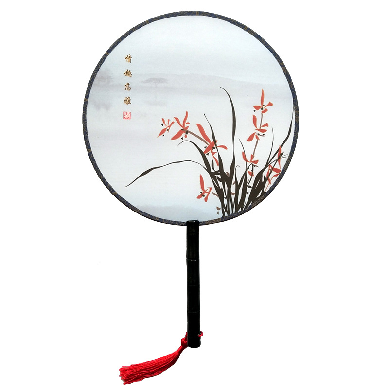 现货半透明丝团扇古风黑杆柄 圆扇宫扇花鸟仕女图工艺品扇子-阿里巴巴