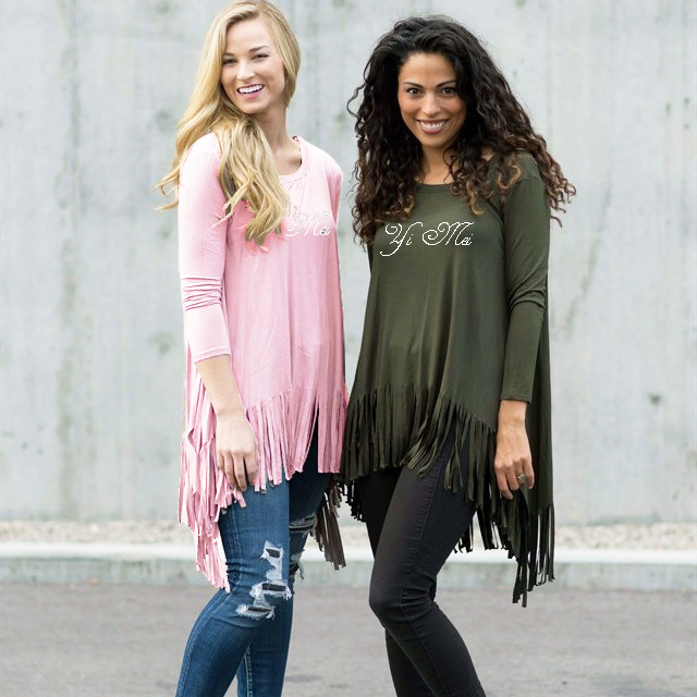 Womens Long Sleeve Irregular Hem T Shirt Spring Collection Fringe Detail Casual Style Wholesale Available