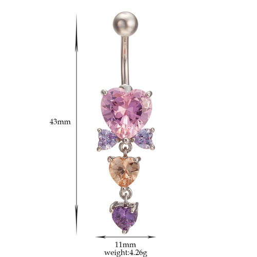 Three heart-shaped zircon bow belly button buttons, foreign trade hot-selling personalized belly button rings, body piercing jewelry wholesale