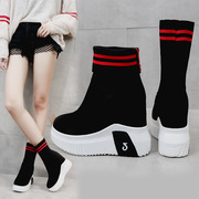 内增高女鞋10cm厚底中筒靴时尚二穿秋冬款毛线袜子弹力靴休闲短靴