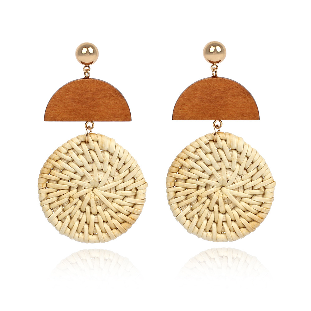 Nouvelles Boucles D&#39;oreilles Rétro En Bois Rond Tressé En Paille display picture 7