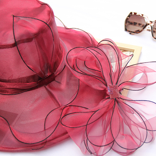 新款夏季防紫外线欧根纱太阳帽欧美女大沿蝴蝶结网纱遮阳帽子