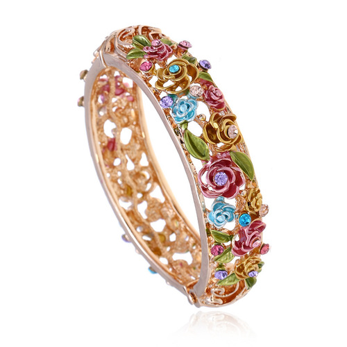 Cloisonne diamond-encrusted bracelet fashion retro hanfu jewelry KC gold hollow-out rose bracelet female bracelet accessories