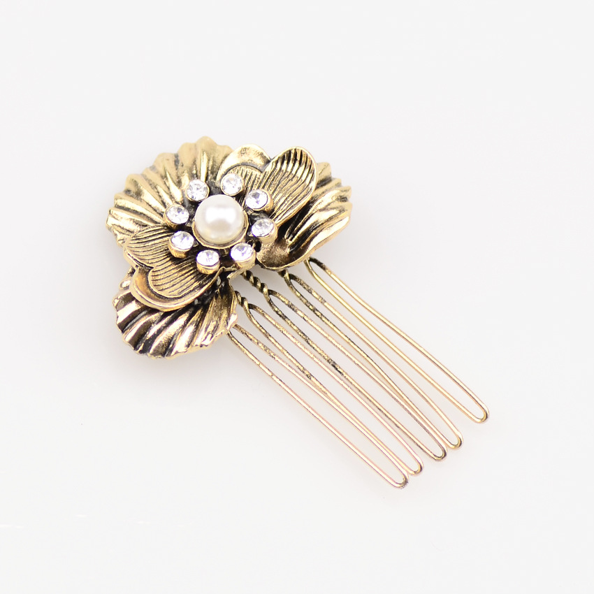New Retro Diamond Hair Comb Inserted Comb Leaves Pearl Fashion Hairpin Wholesale display picture 7