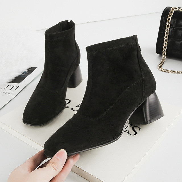 High-heeled elastic boots velvet square-headed thick-heeled boots 