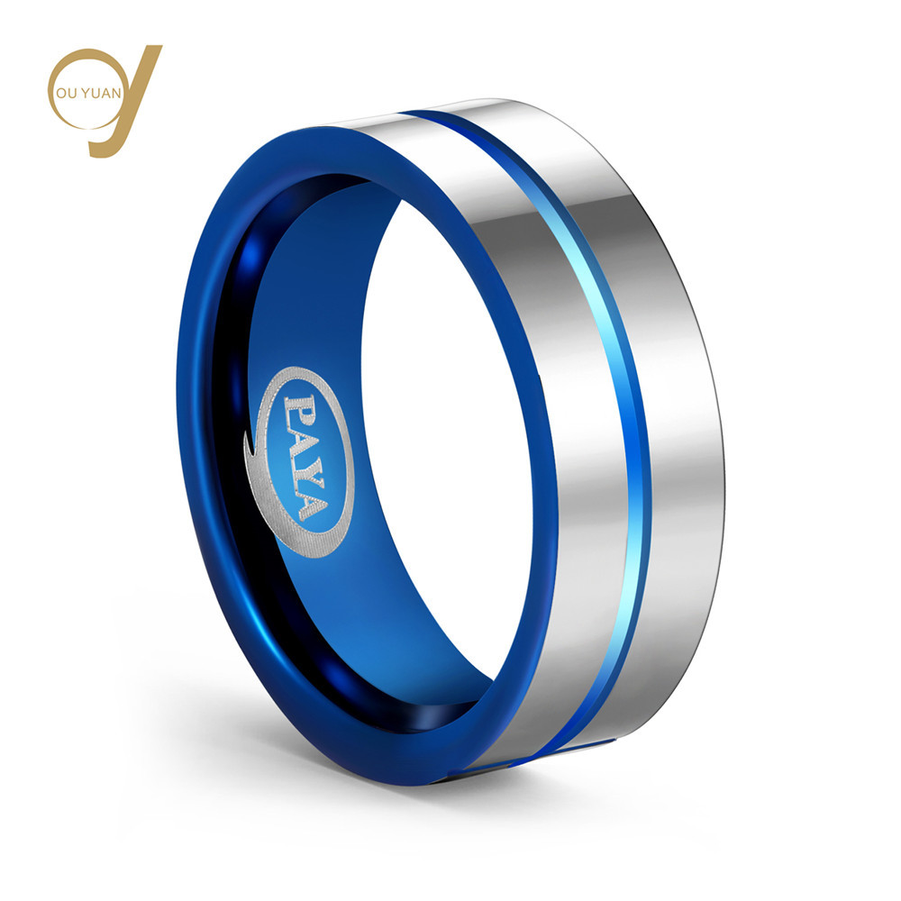 2018 亚马逊/Ebay首饰 8MM钨钢抛光蓝色凹槽戒指蓝色 男士指环