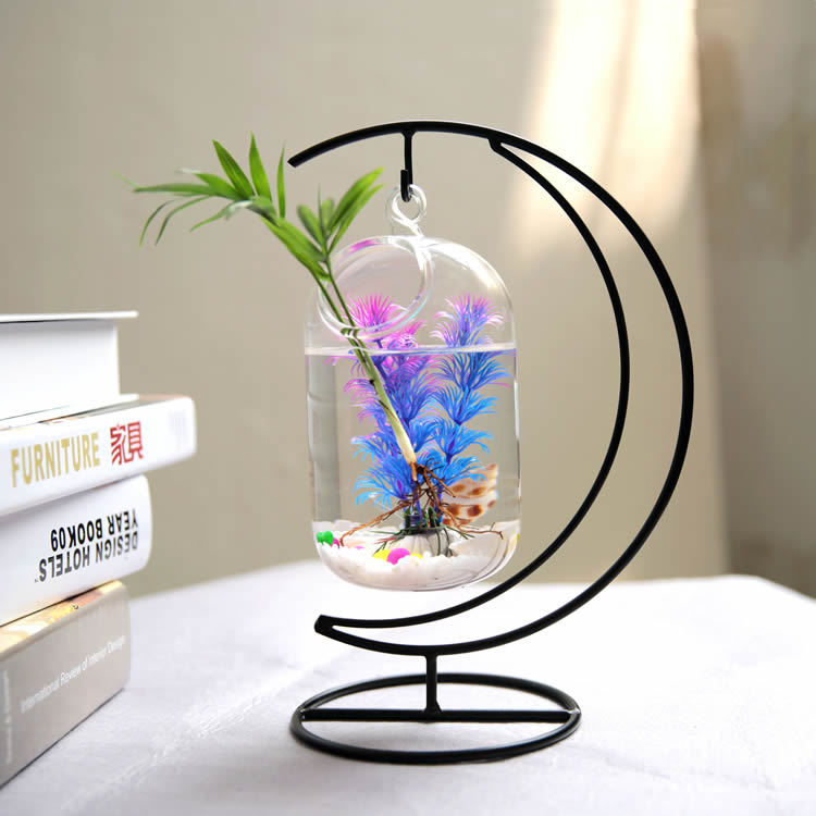 Colgante simple mini escritorio pequeño tanque de peces de vidrio transparente redondo creativo escritorio del hogar sala de estar cubo tanque de peces
