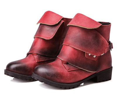 2018外贸新款跨境货源擦色脚踝靴子女带扣铆钉圆头厂家批发亚马逊