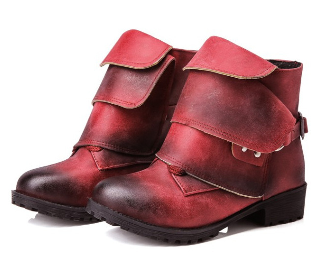 2018外贸新款跨境货源擦色脚踝靴子女带扣铆钉圆头厂家批发亚马逊