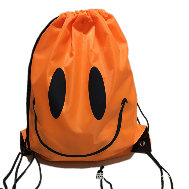 现货橘红色笑脸涤纶束口背包牛津布束口收纳袋尼龙布微笑抽绳袋