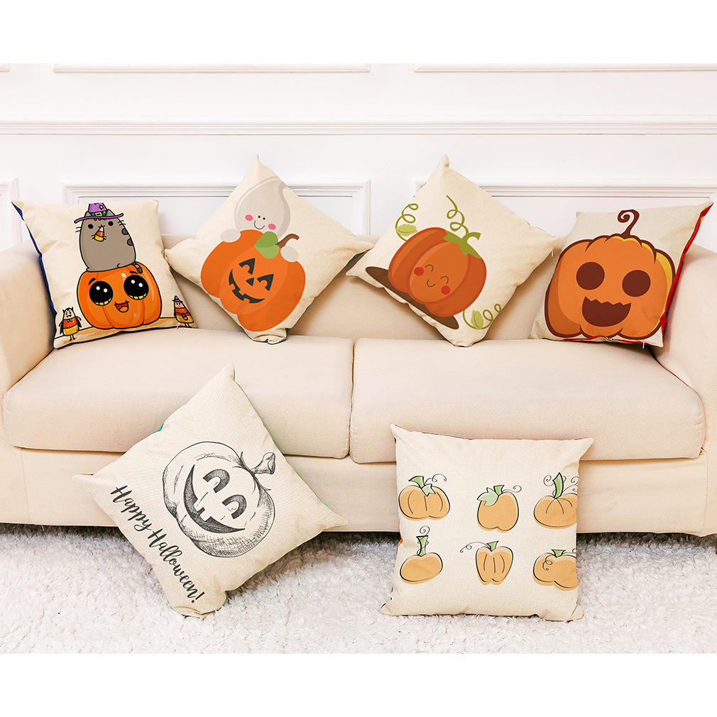 wish 亚马逊新款呆萌南瓜棉麻抱枕套 万圣节抱枕家居沙发靠垫定制