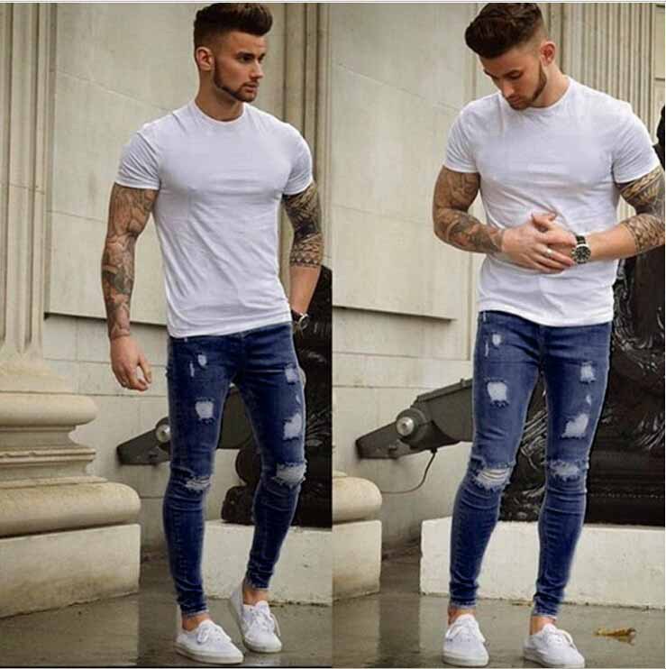 New Men's Skinny Jeans Slim Fit Jeans European Men's Ripped Washed Jeans Trousers_voghion.com