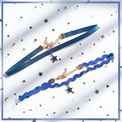 爆款宇宙银河颈链蓝珠光闪星球丝带项链少女波浪choker短款锁骨链