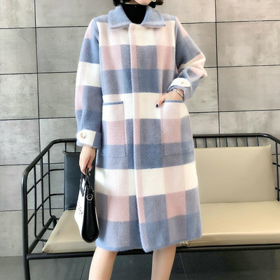 2018秋冬新款韩版水貂绒格子大衣女时尚中长款翻领水貂毛外套开衫