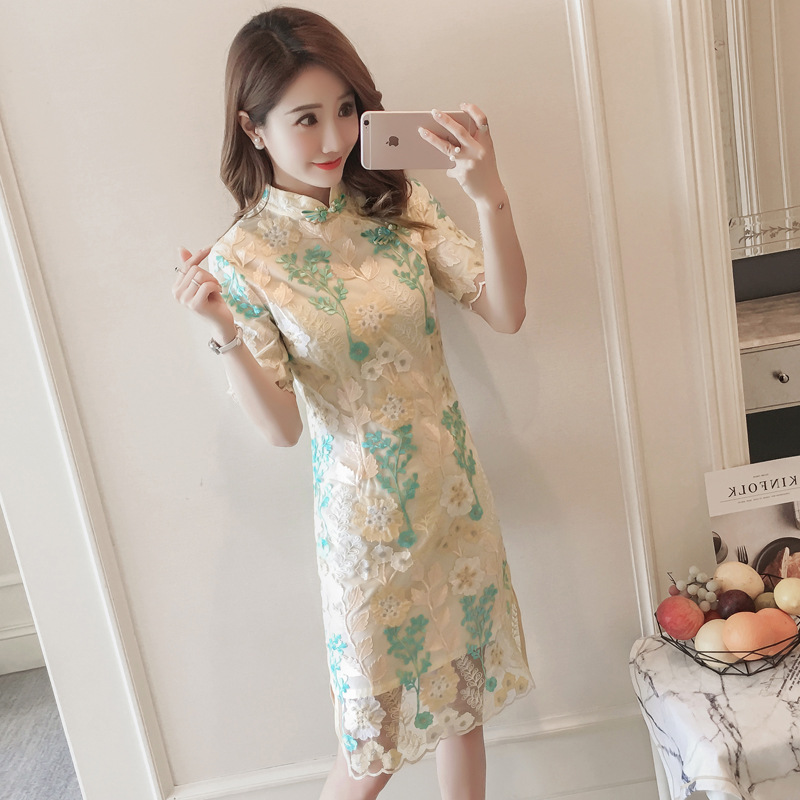 Mid length girl lace dress improved version a put daily cheongsam new spring and summer dress party performance in 2018