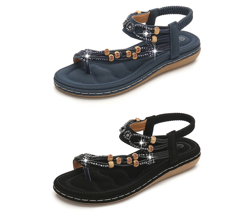 Plus-size women's shoes, Bohemian sandals, retro rhinestone beaded sandals, round-toed flat sandals, and cowhide soft-soled shoes undefined