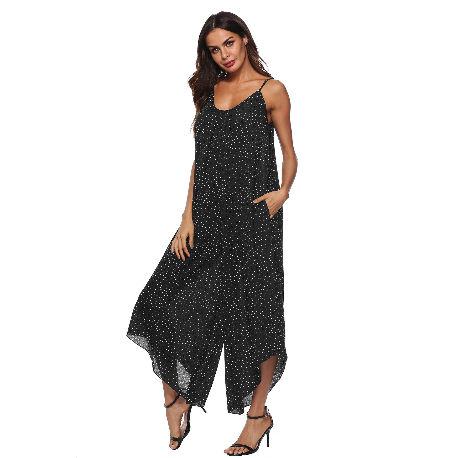 Plus Size Womens Polka Dot Asymmetrical Jumpsuit Loose Fit Wide Leg Spaghetti Straps Casual Summer Wear Wholesale