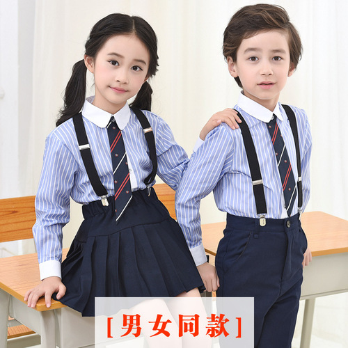 Children's long-sleeved pure cotton shirt blue striped boys and girls middle and large children primary school uniform shirt one piece drop shipping