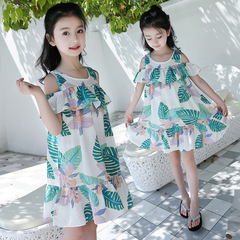 女童連衣裙2024新款夏裝洋氣時尚小童中大童露肩沙灘裙棉質公主裙
