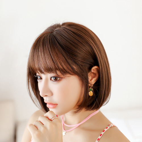 female short hair bobo wig Korean bobo head short straight hair realistic synthetic fiber wig set